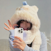 可爱帽子小熊毛绒帽子围巾手套一体女冬季 保暖骑车防风三件套围脖