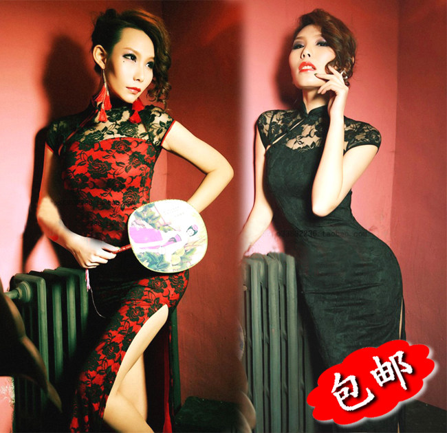 新款复古性感旗袍表演出长款舞台礼服修身短袖连衣裙夏高开叉改良
