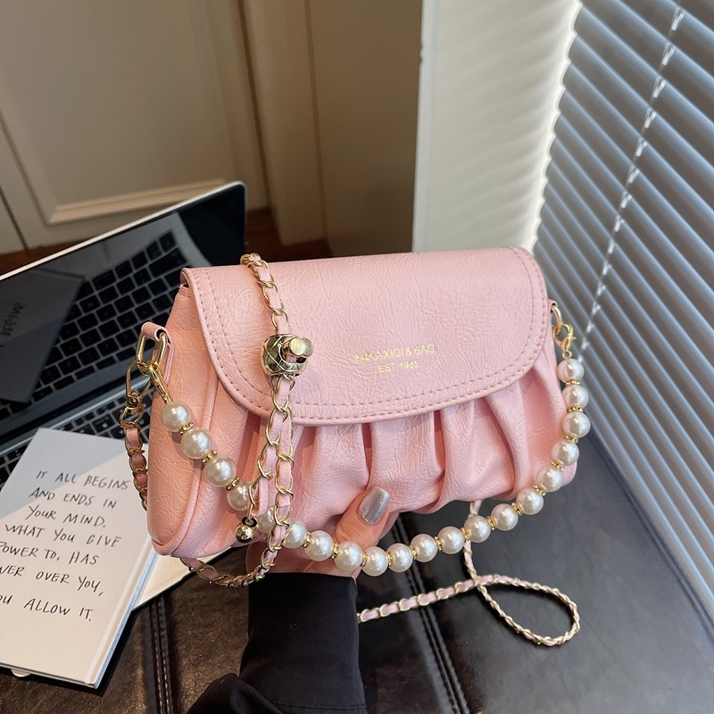 韩版时尚洋气珍珠手提褶皱云朵包包女2026春季新款小众休闲斜挎包