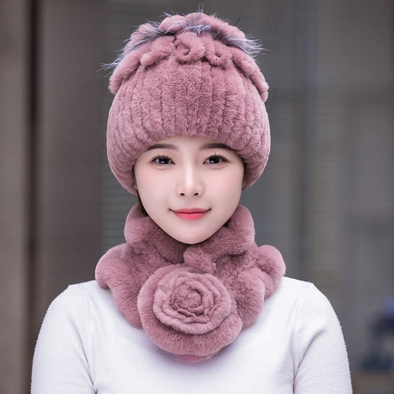 獭兔毛皮草帽子女秋冬季保暖加厚花朵护耳时尚洋气套头帽围巾套装