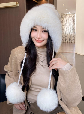 獭兔毛加厚保暖护耳毛球帽女秋冬