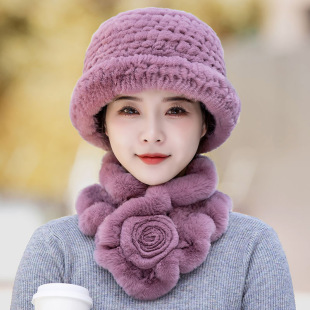 獭兔毛帽子女秋冬季新款中老年人保暖妈妈礼帽皮草帽子围巾套装