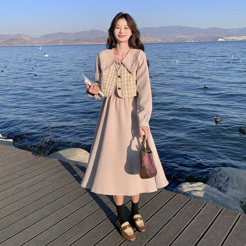 娃娃领粉色连衣裙裙女2025春秋高级显瘦裙子马甲小香风,女装连衣裙,浙宝088