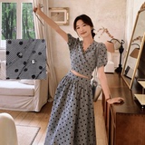 高级感灰色波点连衣裙女2025新款夏日绝美漂亮气质赫本风露腰长裙，女装套装/套裙，浙宝088