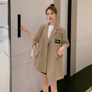 韩系chic卡其色西装外套女春夏2025年新款高级设计感短袖西服上衣图片