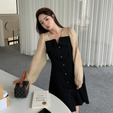 黑色拼接V领连衣裙女2023春夏新款茶歇法式韩版休闲气质高腰A字裙，女装连衣裙，浙宝088