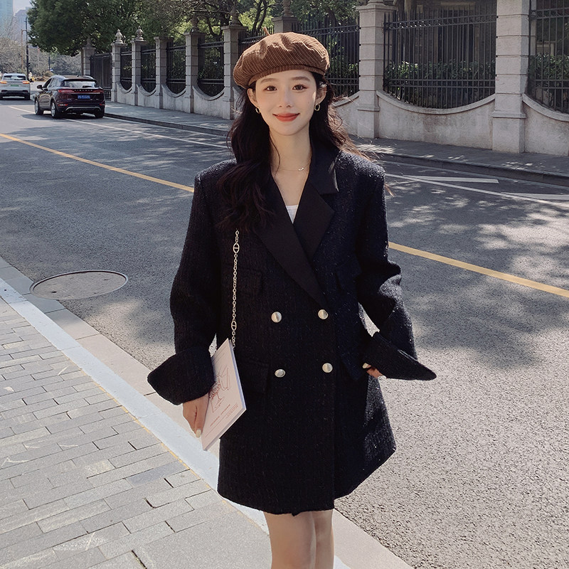韩系黑色西装外套女春秋2025新款质感高级复古小香风宽松上衣西服,女装西装,浙宝088