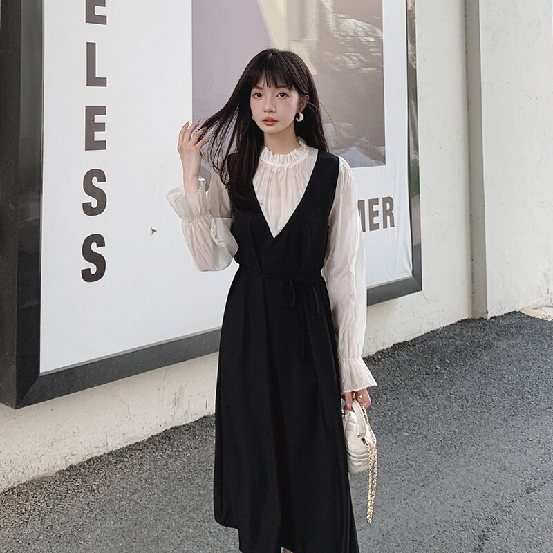 现货M157P115K1682024春秋装新款假两件拼接撞色连衣裙,女装连衣裙,浙宝088