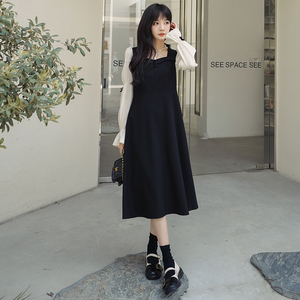 法式复古撞色拼接长袖连衣裙女2024秋季新款设计感收腰气质小黑裙图片