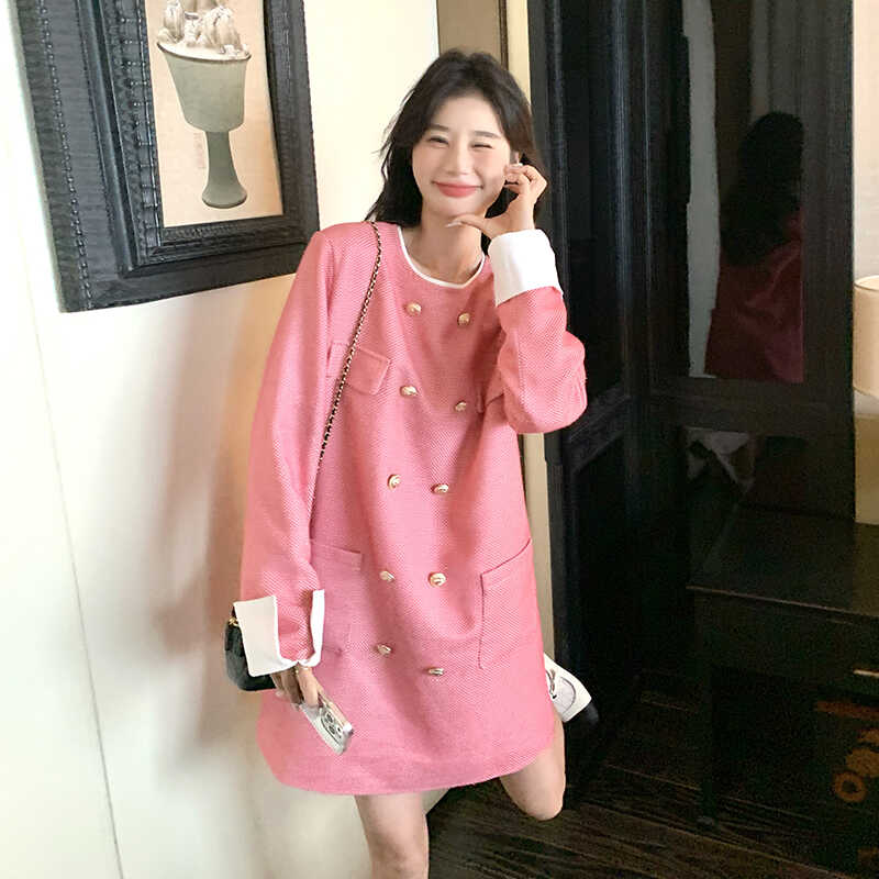 粉色小香风甜美设计感连衣裙女春季新款小个子千金风双排扣裙子潮,女装连衣裙,浙宝088