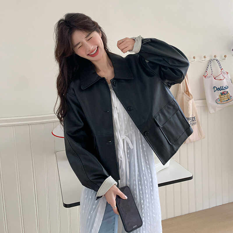 气质高级感黑色皮衣外套女春秋2025新款显瘦炸街小个子pu皮机车服图片