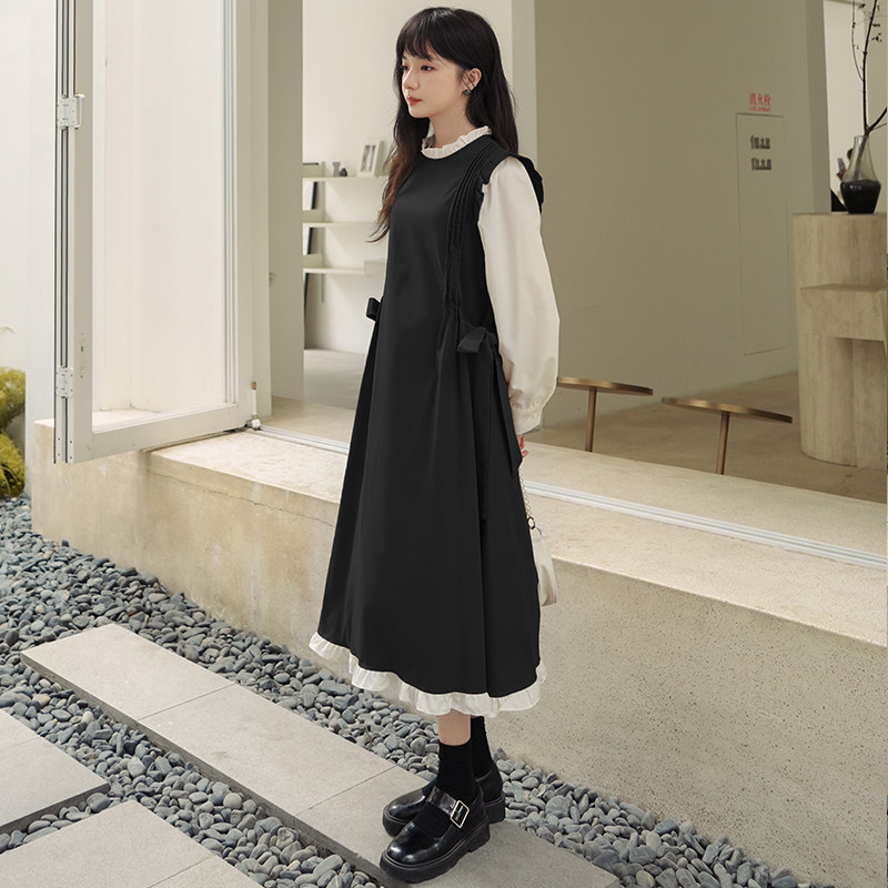 美拉德棕色连衣裙女春秋2025新款超火好看高级小众长裙假两件套装,女装连衣裙,浙宝088