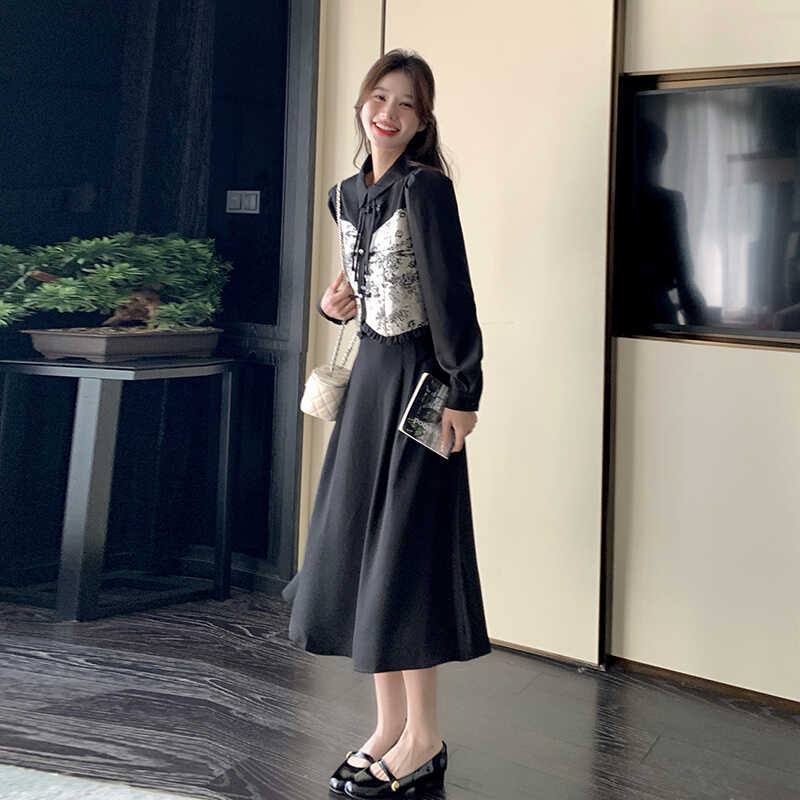 新中式春秋穿搭女2025新款中国风水墨上衣显瘦裙子黑色图片