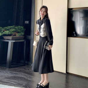 新中式春秋穿搭女2025新款中国风水墨上衣显瘦裙子黑色图片