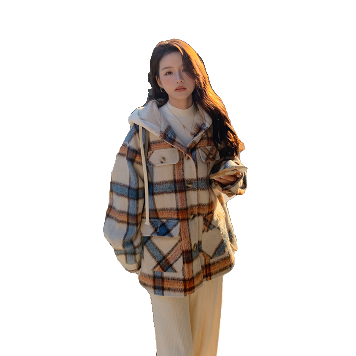 现货M203P180K2682024冬装新款连帽格子毛呢小香风外套,女装毛呢外套,浙宝088