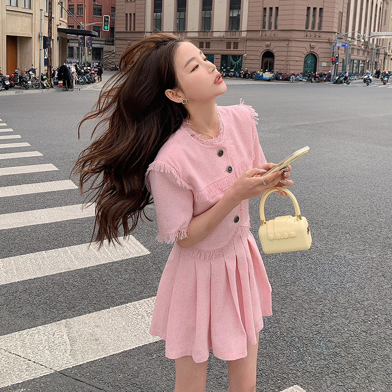 粉色小香风外套百褶裙套装女2023夏新款法式名媛气质小个子两件套,女装套装/套裙,浙宝088