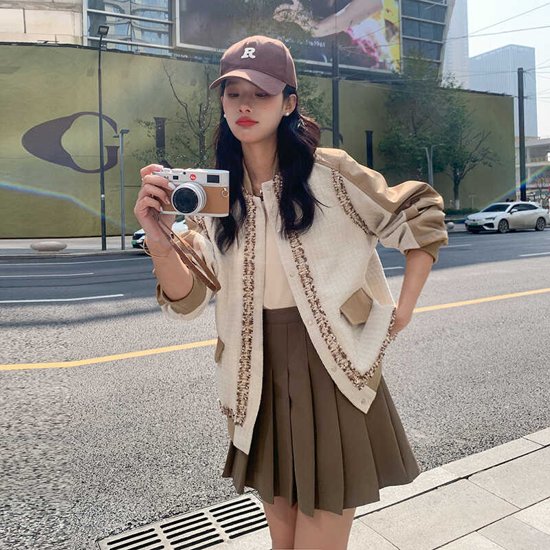 chic撞色短款小香风棒球服外套女春秋2025新款独特超好看夹克上衣,女装短外套,浙宝088
