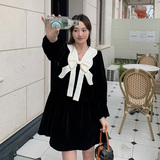 法式v领蝴蝶结连衣裙女春秋2025年新款宽松气质名媛小黑裙高级感，女装连衣裙，浙宝088