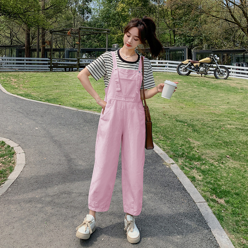 奶fufu工装背带裤女2024夏季新款韩系复古减龄学生休闲百搭阔腿裤,女装连体裤,浙宝088