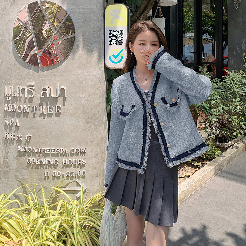 现货M510P135K188 2024春装新款小香风牛仔拼接单排扣外套女图片