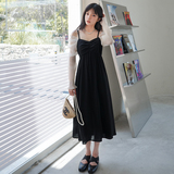黑色落肩吊带连衣裙女春秋2025新款女装别致独特露背收腰小黑裙冬，女装连衣裙，浙宝088