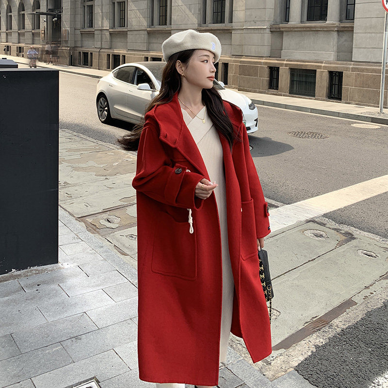 现货M228P285K428冬装新款牛角扣连帽双面毛呢外套羊毛大衣,女装毛呢外套,浙宝088