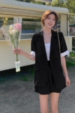 紫色短袖西装套装女夏薄款2025新款高级感小西服外套配短裤两件套，女装套装/套裙，浙宝088