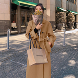 酒红色赫本风长款毛呢外套女2022冬季新款女神范加厚夹棉呢子大衣，女装毛呢外套，浙宝088