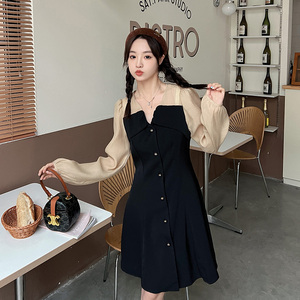 黑色拼接V领连衣裙女2023春夏新款茶歇法式韩版休闲气质高腰A字裙图片