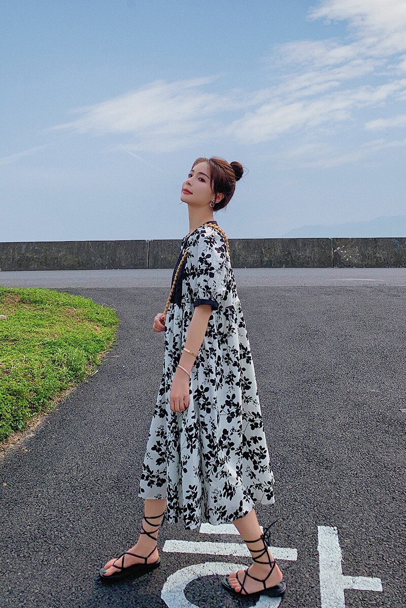 现货X998P95K1482021夏装新款水墨印花泡泡袖连衣裙宫廷风,女装连衣裙,浙宝088