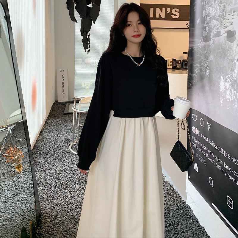 韩版拼接撞色假两件连衣裙春秋女装2025新款春装时尚气质长裙子冬,女装连衣裙,浙宝088