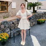 出货M536P105K1582024夏装V领定制面料短款收腰蝴蝶结连衣裙，女装连衣裙，浙宝088