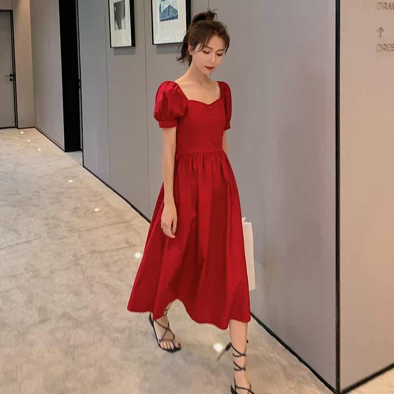 法式复古赫本红色桃心领泡泡袖连衣裙女春夏2025新款气质茶歇长裙,女装连衣裙,浙宝088