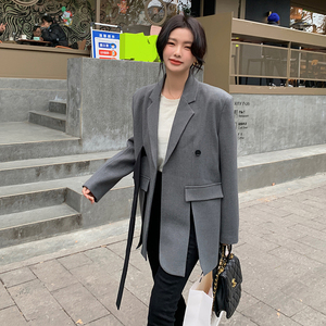 现货 M375P120K178 2024春装新款撞色拼接不规则西装外套女图片