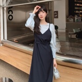 法式长袖假两件吊带连衣裙女春秋2025新款赫本风收腰气质黑色长裙，女装连衣裙，浙宝088