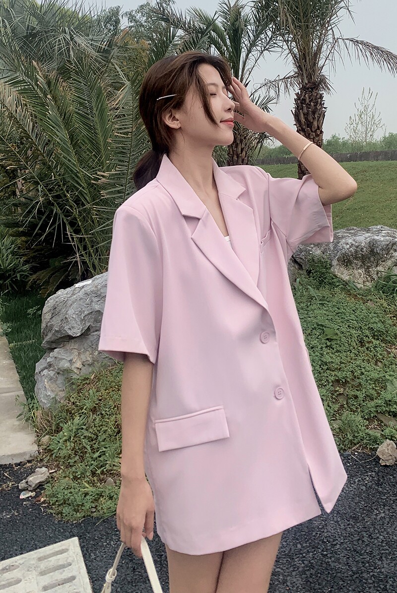 小清新粉色短袖西装外套女春夏薄款2025年新款韩版宽松小西服上衣,女装西装,浙宝088