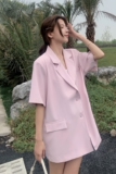 小清新粉色短袖西装外套女春夏薄款2025年新款韩版宽松小西服上衣，女装西装，浙宝088