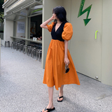 法式橙色泡泡袖拼接连衣裙女夏季2025新款小众设计轻熟优雅裙子，女装连衣裙，浙宝088