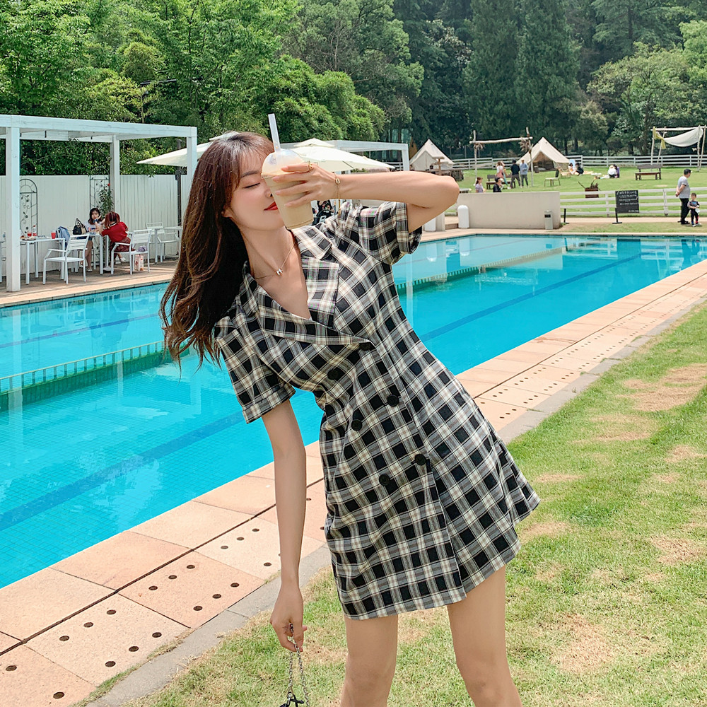 现货X352P85K138格子西装领连衣裙2021夏季新款，女装连衣裙，浙宝088
