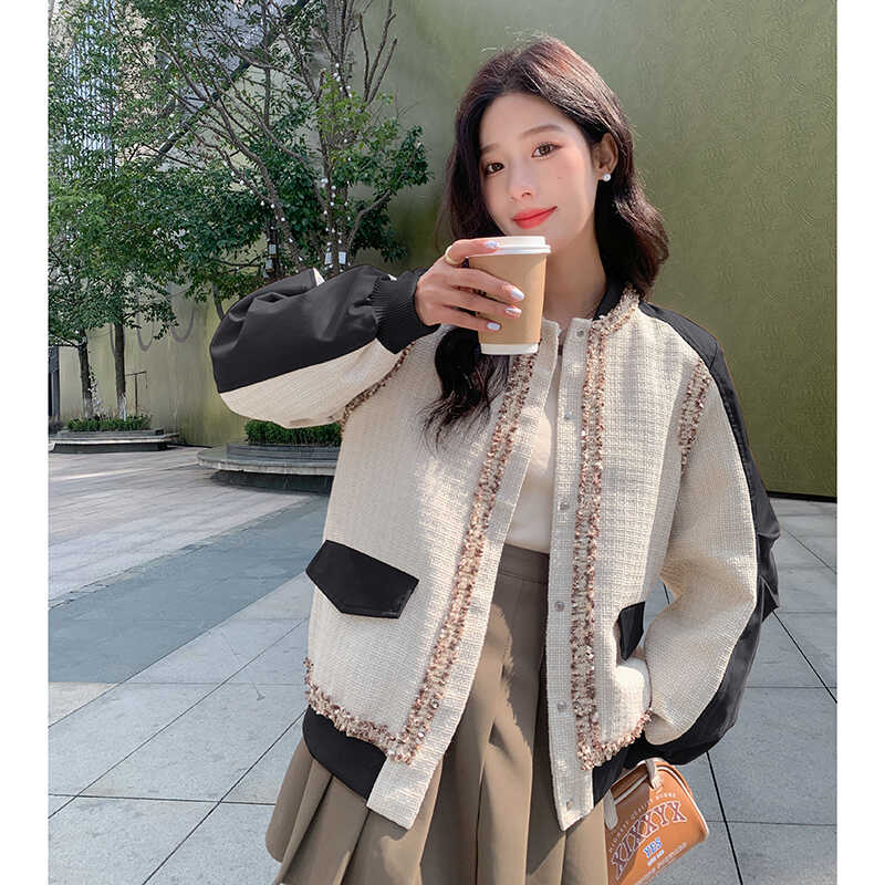 高级贵气感米白色小香风外套女春秋超火好看漂亮棒球服短夹克上衣,女装短外套,浙宝088