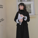 赫本风韩版宽松黑色毛呢外套女中长款秋冬新款加厚过膝呢子大衣潮，女装毛呢外套，浙宝088