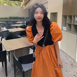 法式橙色泡泡袖拼接连衣裙女夏季2025新款小众设计轻熟优雅裙子图片