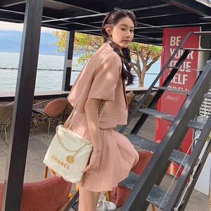 粉色西装百褶裙套装女薄款2023夏新款小个子高级感西服外套两件套图片