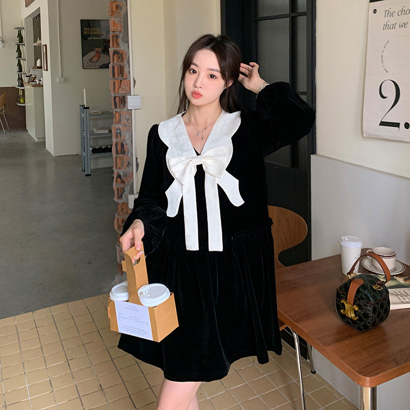 法式v领蝴蝶结连衣裙女春秋2025年新款宽松气质名媛小黑裙高级感,女装连衣裙,浙宝088