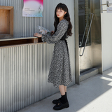 温柔风黑色长袖碎花连衣裙女春秋2025新款女装气质收腰别致长裙冬，女装连衣裙，浙宝088