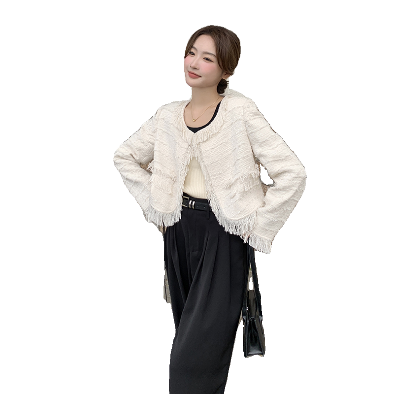 白色流苏小香风外套女2023秋季新款法式高级感气质名媛短开衫上衣,女装短外套,浙宝088