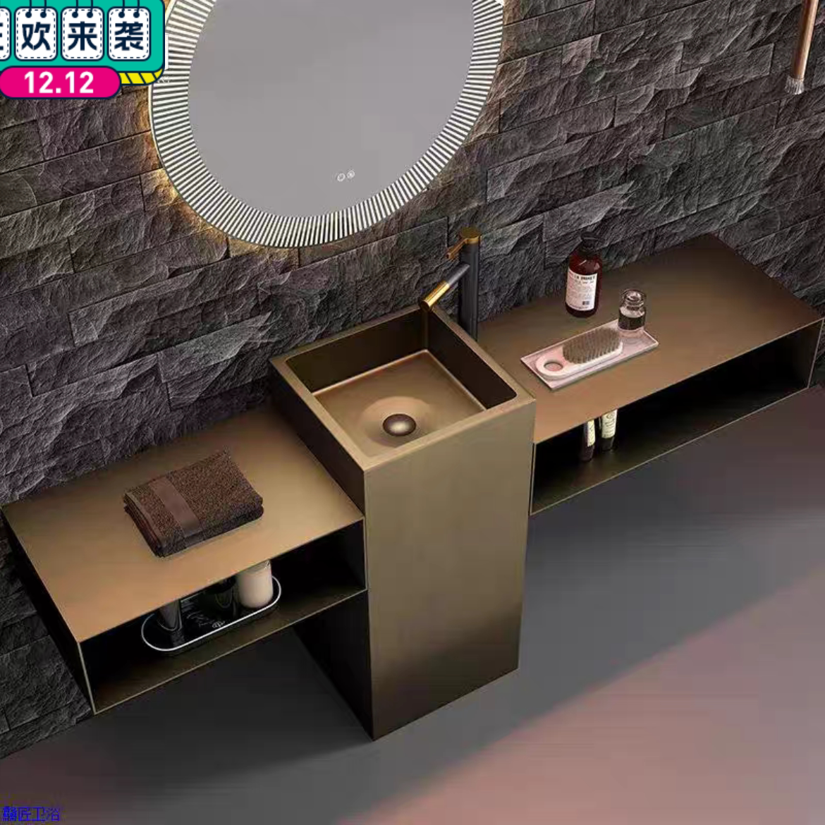 青古铜仿古不锈钢立柱盆洗脸盆酒店卫生间一体落地式立柱洗手台盆