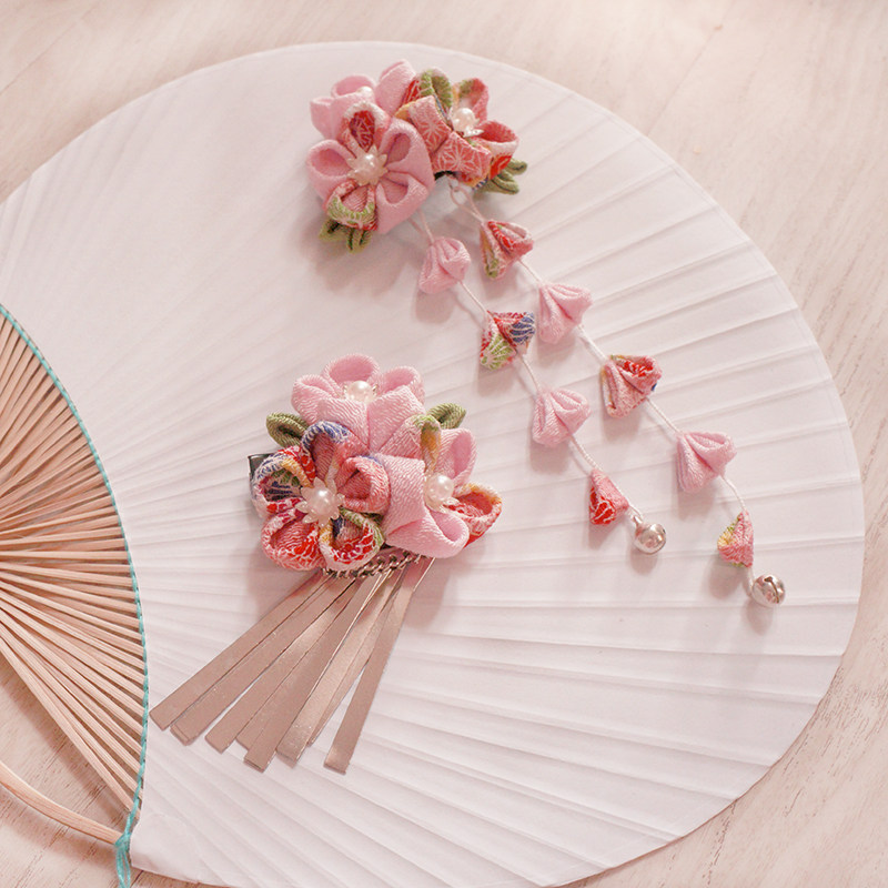 日系手作和风绉布发饰发夹现货 和服浴衣汉服写真配饰边夹 海棠