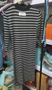 外贸样衣特价针织连衣裙七分袖横条纹女士连衣裙秋冬打底裙5012