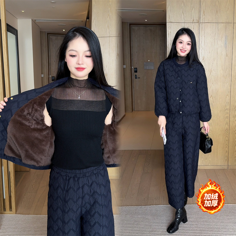 婉星儿加绒加厚小香风显瘦上衣休闲长裤冬套装